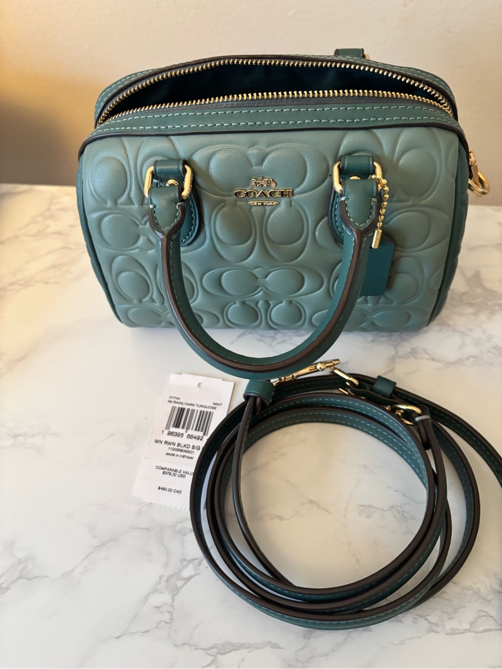 COACH sage green mini Rowan  Embossed Signature leather